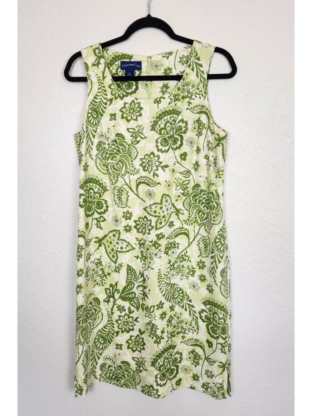 Charter Club 100% Silk Green & White Floral Sleeveless Midi Sun Dress, Size 10